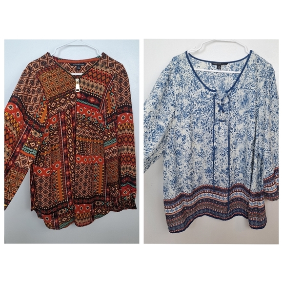 Zac & Rachel Bundle Of 2 Orange Blue Aztec Multicolor Flowy Boho Blouses Sz 3X - Picture 1 of 13